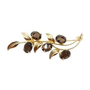Smokey Topaz & Gold Tone Botanical Vine Leaf Gemstone Brooch Unsigned